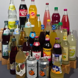Bunte Auswahl an Getränken in Flaschen und Dosen auf einem Tisch angeordnet.
