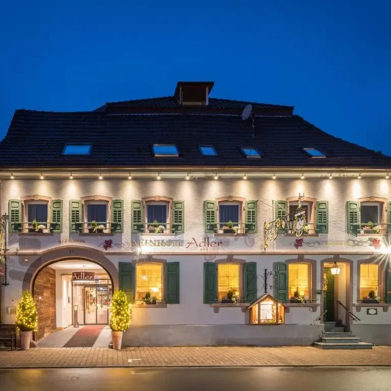 Ein stilvolles Gebäude mit beleuchteten Fenstern und grünem Fensterladen bei Nacht.