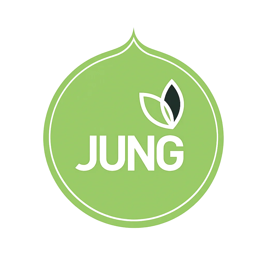 Jung Fruchtsäfte Logo mit grünem Blatt-Symbol und dem Schriftzug "JUNG" in Weiß.