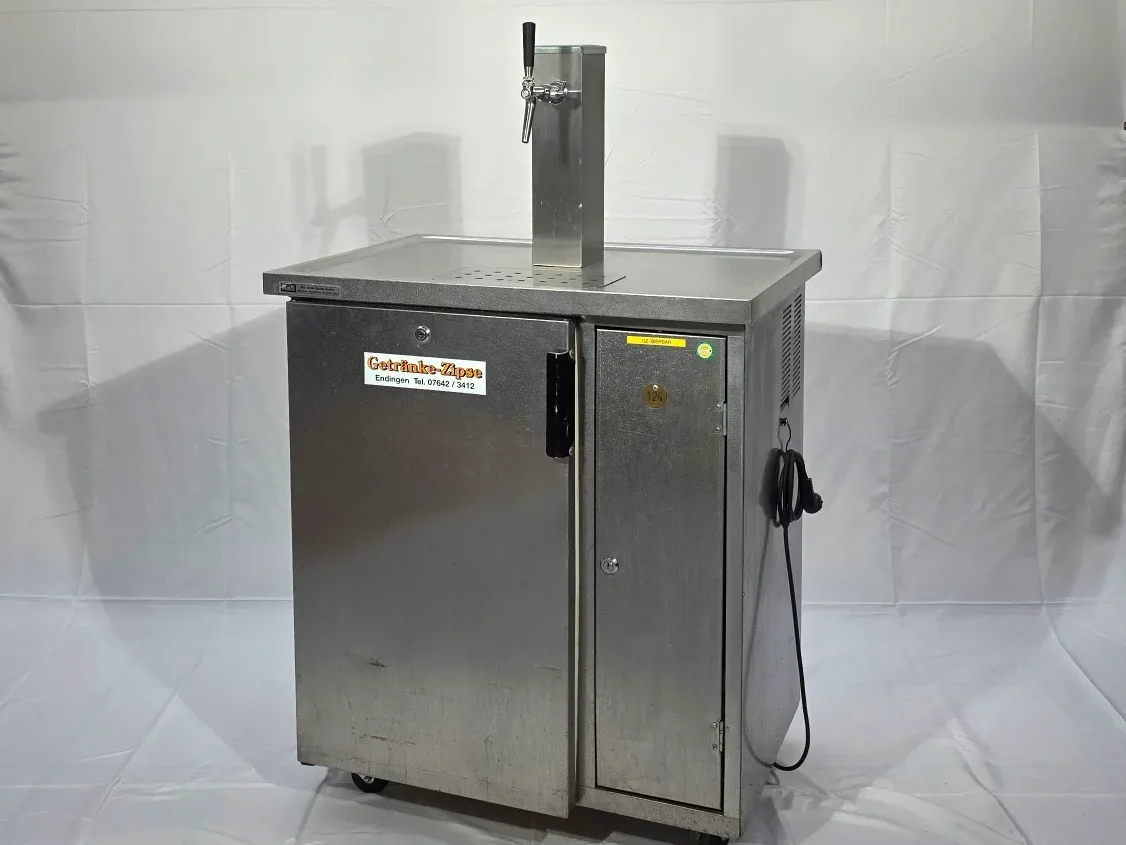 1 - leitige Theke / Mobiler DLK Mobiler Durchlaufkühler aus Edelstahl mit Zapfhahn und Werbeaufdruck.