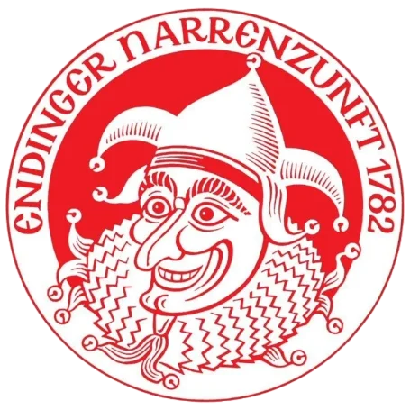 Logo der Endinger Narrenzunft mit einem schelmischen Narren in roter und weißer Farbe.
