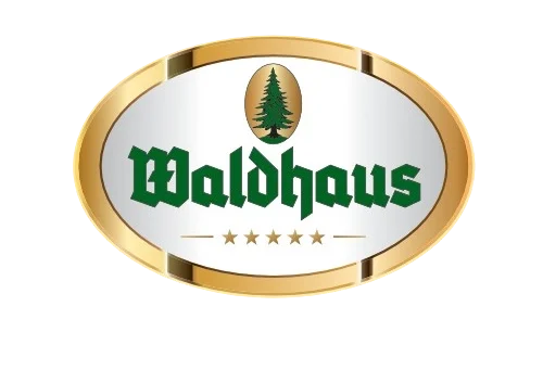 Logo von Waldhaus mit einer Tanne und goldenem Rahmen.