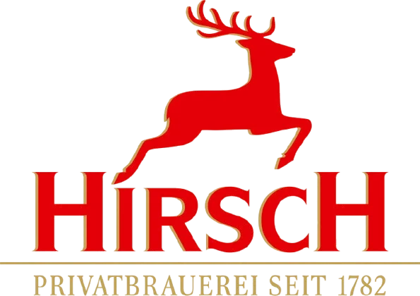 Rotes Logo mit einem springenden Hirsch und dem Text "Hirsch Privatbrauerei seit 1782".